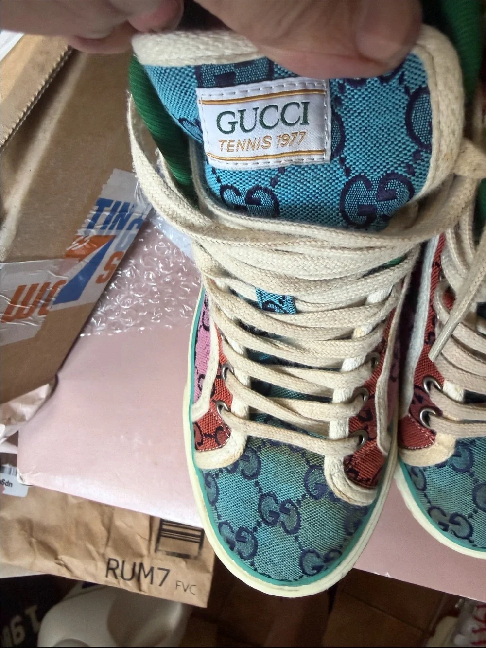 Gucci Mens size 8 Multicolor GG Canvas High-Top Sneakers with Cream Laces